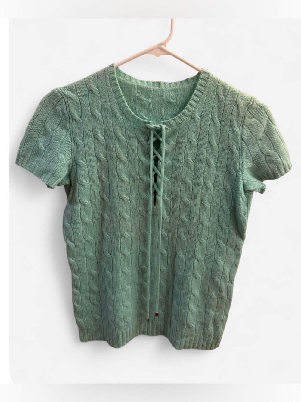 Ralph Lauren 100% Cashmere Mint Cable Knit Lace Up Short Sleeve Sweater Top S